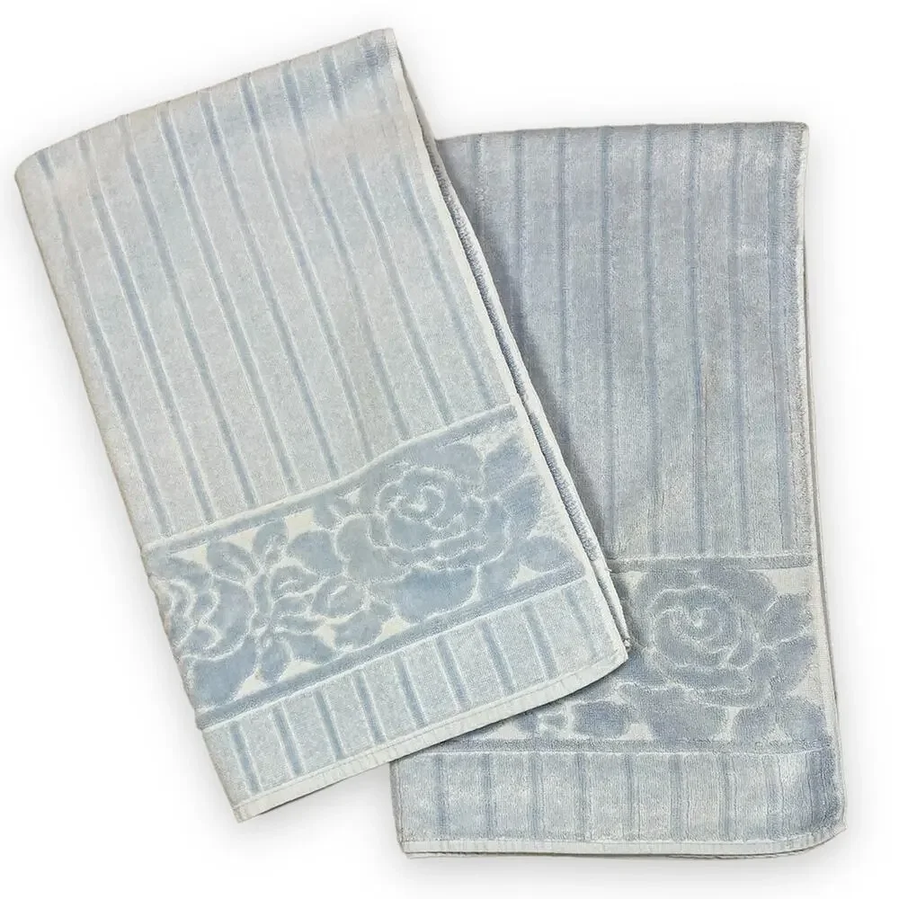 Vintage Mid Century St. Mary's | Blue Sculpted Floral Cotton Bath Hair Towel Set